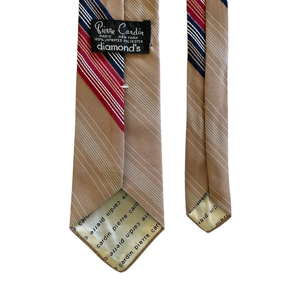 Vintage Pierre Cardin Embroidered Logo Striped Tan Polyester Tie